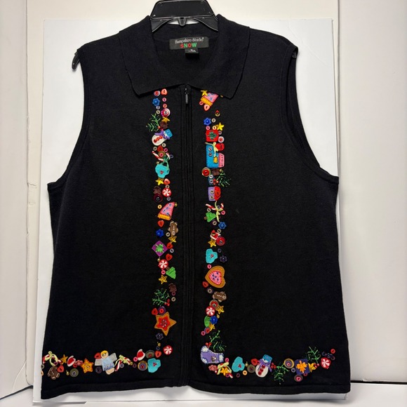 Hampshire Studio Sweaters - Hampshire Studio Snow Christmas Sweater Vest Womens 1X Black Zip Front Embroider